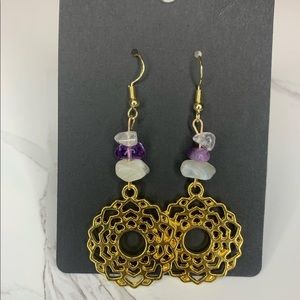 Gold Crown Chakra Earrings with Moonstone, Amethyst, & Quartz Crystals